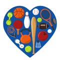 Vector illustration - sporting goods, sports items - balls, rackets, dumbbells, jump ropes, bats.